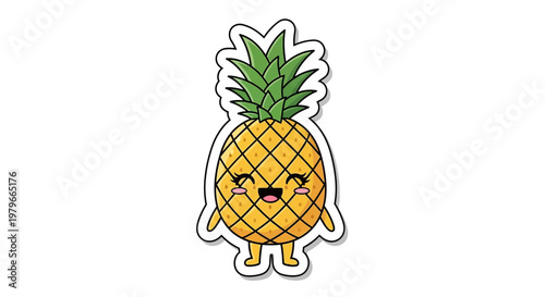 Cute Kawaii Pineapple Character with Happy Face - Vector Sticker