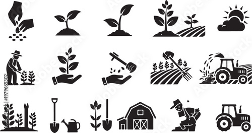 Agricultural icons and farming symbols in black and white