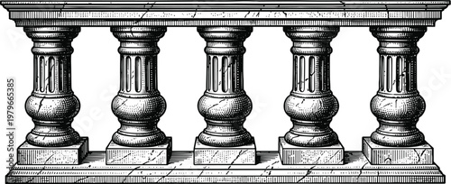 Classic architectural stone balustrade with columns sketch engraving.