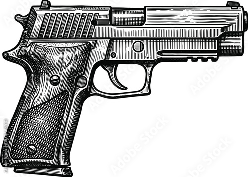 Semi automatic pistol handgun vector illustration in engraving style.