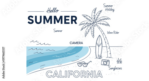 Summer California beach, palm tree, surfboard vector illustration, Hello Summer design, California travel