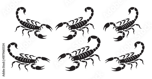 Six detailed black scorpion silhouettes collection showing predatory arachnid stinger and pincer anatomy.