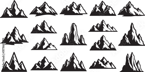 Collection of various mountain range silhouettes in black and white