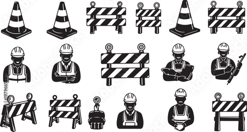 Construction Workers and Road Safety Icons in Black White