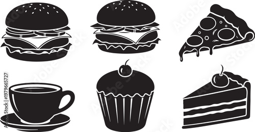 Food icons set with burger, pizza, cake and coffee