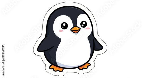 Cute cartoon penguin sticker, kawaii animal illustration, isolated on white background
