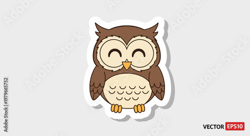 Cute Cartoon Owl Sticker, Happy Expression, Simple Vector Illustration