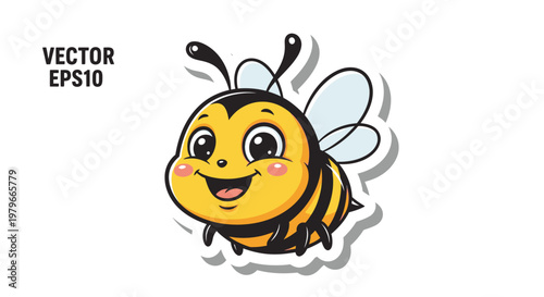 Cute cartoon bee character, happy, smiling, flying, vector illustration