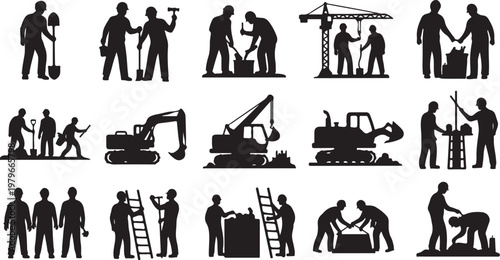 Construction Workers and Equipment Silhouettes at Building Site Vector