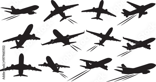 Silhouette of multiple airplanes flying in formation together