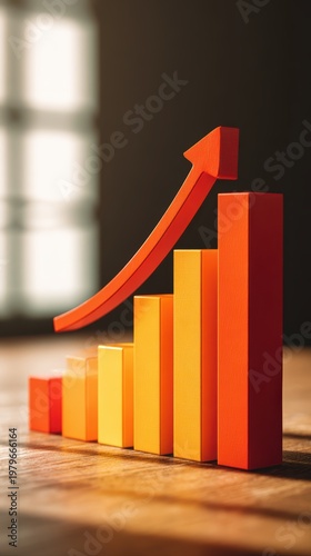Ascending bar chart with upward arrow showing business growth visualization and positive financial trajectory capturing success achievement progress and inspiring strategic business performance