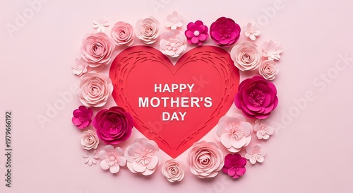 Happy mothers day heart with pink flowers and roses around it. jpg