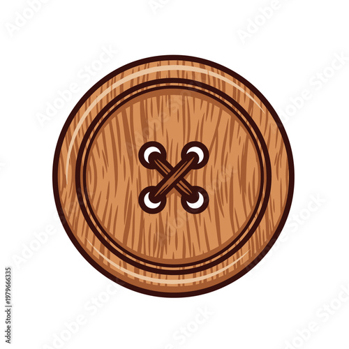 Vintage wooden button with two-hole shank and decorative cross stitching