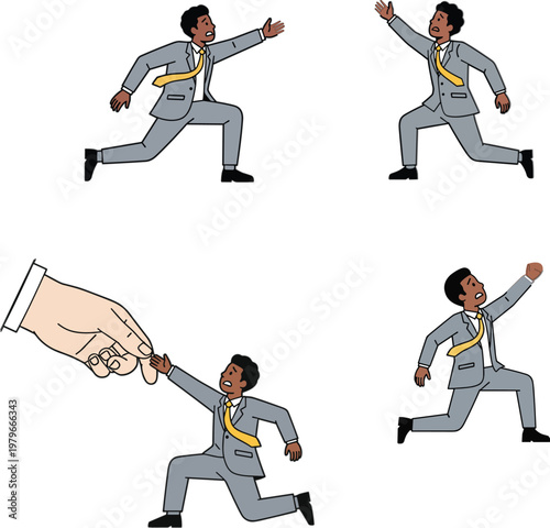 Business concept of career struggle and corporate pressure with businessman being held back or pulled by giant hand in professional office setting