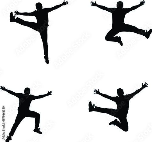 Black silhouette of energetic young man jumping and leaping in the air with arms spread wide for success and freedom concept