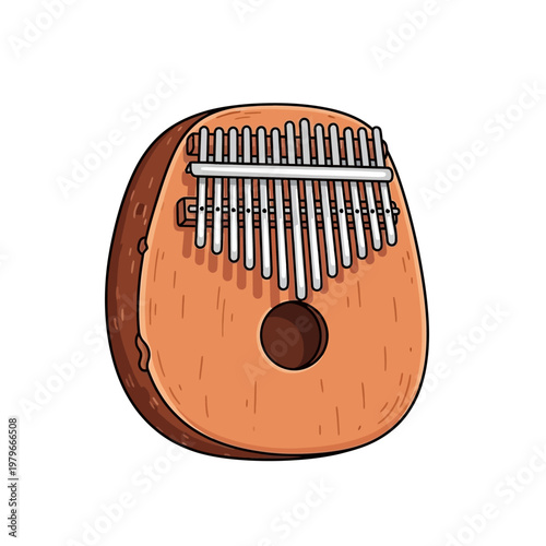 Illustration of a traditional kalimba thumb piano with wooden body and metal tines