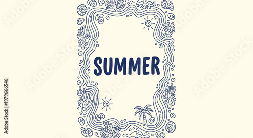 Summer, vintage summer label, blue ornate frame, seasonal icon, decorative element