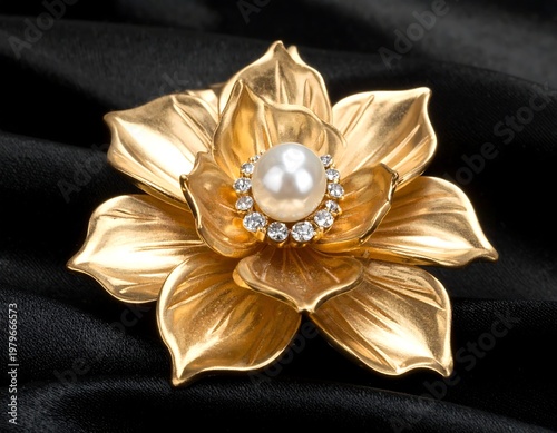 Exquisite 14K Yellow Gold Flower Brooch with Pearl and Diamonds.