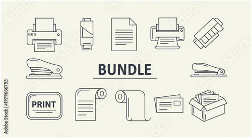 Collection of office supplies and printing equipment, a bundle of essential tools.