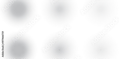 Set of halftone dots gradient pattern texture isolated on white background. Straight dotted spots using halftone circle dot raster texture. Vector blot half tone collection.
