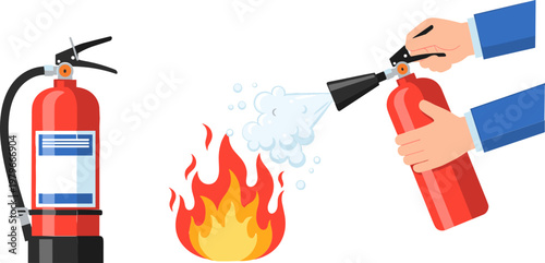 Fire Extinguisher with Fire and Hand Using Extinguisher for Fire Safety, Emergency, and Safety Equipment Illustrations