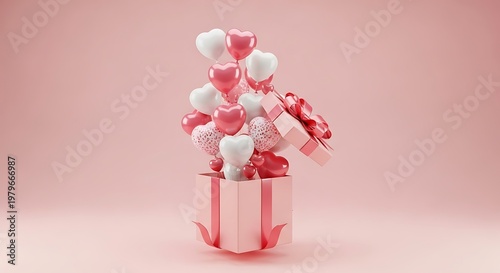 Pink gift box bursting with white and red heart balloons and confetti. jpg