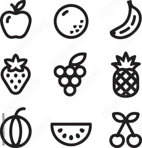 Minimalist Fruit Icon Set Apple Banana Orange Grape Pineapple Pear Strawberry Watermelon Clean Flat Design
