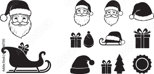 Black and white Christmas icons and Santa Claus symbols