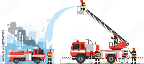 Firefighters in Action with Fire Truck and Ladder Extinguishing Fire in Urban Area for Emergency Response, Safety, and Rescue Illustrations