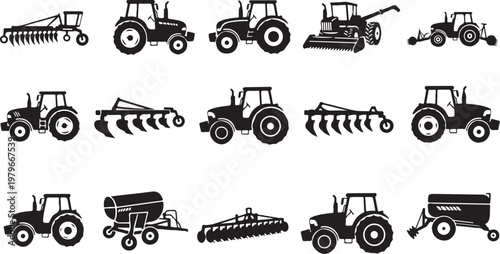 Tractors and farming equipment in black silhouette vector icons