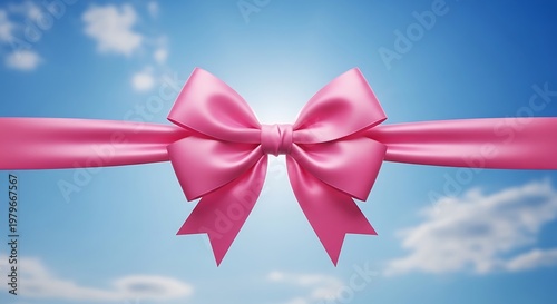 Pink satin bow on ribbon against blue sky and clouds. jpg