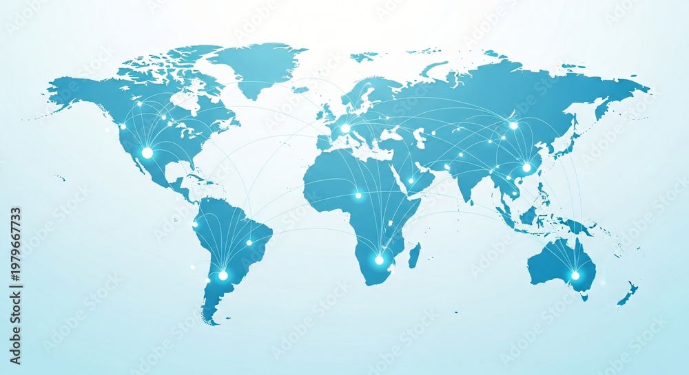 Obraz premium Minimalist global network map showing connectivity and communication across continents, clean layout for presentations.