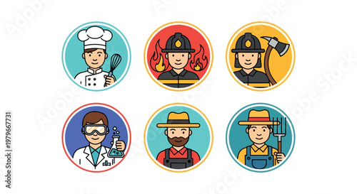 Set of round professional avatar icons featuring various occupations including chef firefighter scientist and farmer for workforce representation designs