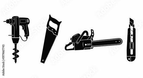 Power Drill Hand Saw Chainsaw Box Cutter Woodwork Tool Vector Icons Set
