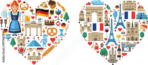 Heart Shaped Travel Illustration Featuring European Landmarks, Cultural Symbols, Food Icons, Architecture, Tourism Elements, and Romantic Vacation Design Concept