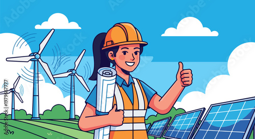 Female engineer holding blueprints giving thumbs up at renewable energy power plant with wind turbines and solar panels under bright blue sunny sky