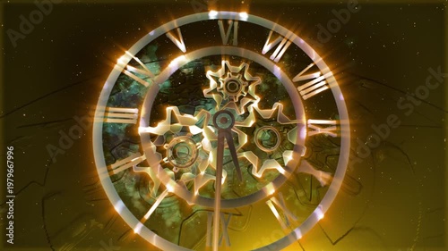 A surreal cosmic clock with rotating gears floats within a glowing galaxy, symbolizing the infinite flow of time, universal motion, and the connection between mechanics and the cosmos.

