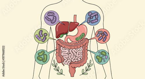Educational illustration presenting the complex human digestive system, featuring various beneficial and harmful microorganisms interacting with vital internal organs, emphasizing gut health and the i