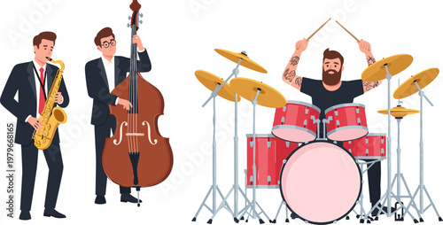 Jazz Band Musicians Collection with Saxophone Double Bass and Drum Set Players, Live Music Performance Entertainment Vector Illustration Set