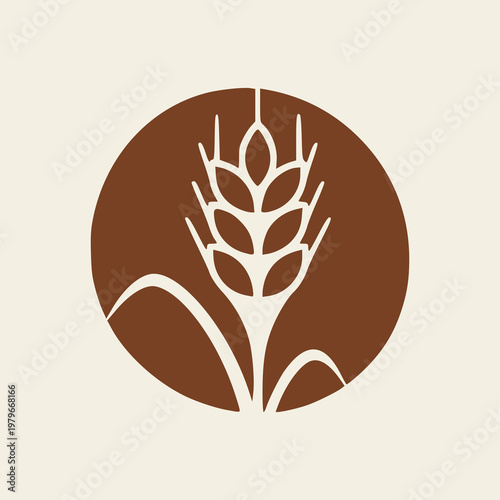 Sourdough bakery logo with wheat ear vector illustration, minimalist organic grain stalk icon and artisan bread emblem for packaging design, flat style brown circular symbol on cream background
