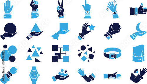 Collection of hand gestures and objects symbols representing communication and business actions.