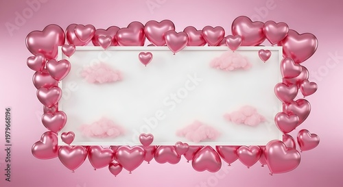 Valentine day frame with metallic pink heart balloons and fluffy clouds on pink background. jpg