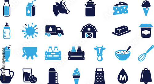 Collection of dairy product icons and symbols on white background.