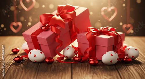 Two red and pink gift boxes with ribbons and hearts on wooden background. jpg