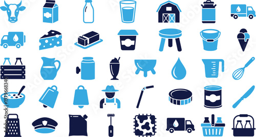 Variety of royalty icons and symbols for dairy industry and farm on white background.