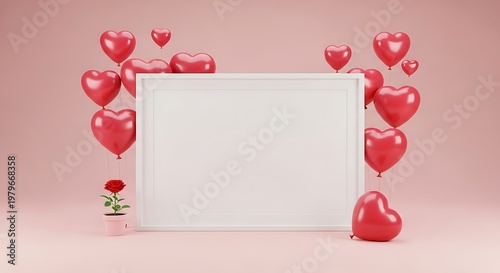 White picture frame mockup with red heart balloons and rose in pot. jpg