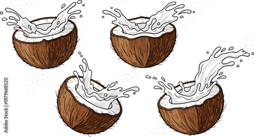 Several fresh brown coconut halves splashing with natural organic white coconut milk created in a vibrant hand drawn illustration style isolated against a clean white background for your design projec