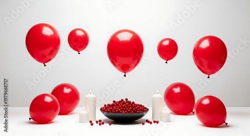 Festive red balloons and bowl of berries with white candles on white surface. jpg