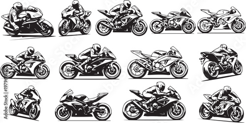 Motorcycle Riders in Various Racing and Riding Positions Illustrated