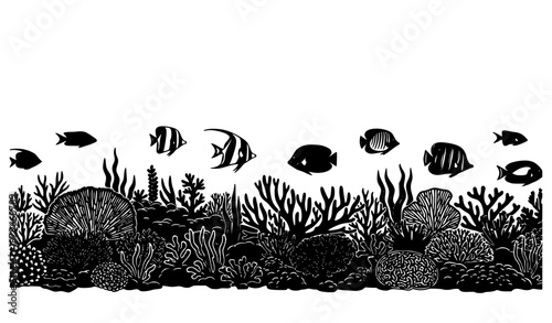grass and flowers Tropical Fish and Coral Reef Silhouette Border Vector with Marine Ocean Scene